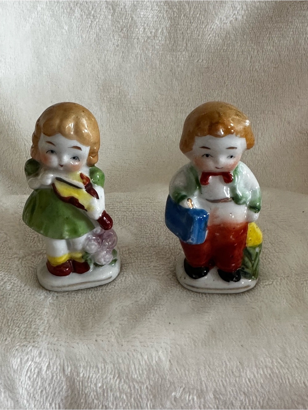 Lot of 2 Occupied Japan Figurines Girl  w Violin -  Boy w  Briefcase 1940's Vtg